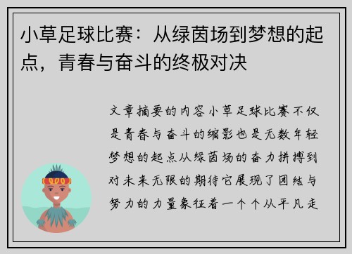 小草足球比赛：从绿茵场到梦想的起点，青春与奋斗的终极对决