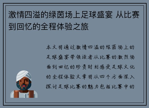 激情四溢的绿茵场上足球盛宴 从比赛到回忆的全程体验之旅
