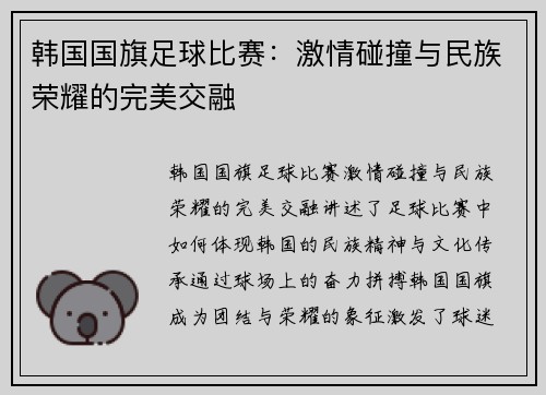 韩国国旗足球比赛：激情碰撞与民族荣耀的完美交融
