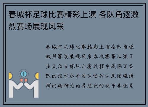 春城杯足球比赛精彩上演 各队角逐激烈赛场展现风采