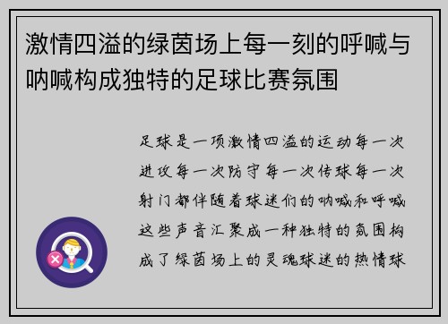 激情四溢的绿茵场上每一刻的呼喊与呐喊构成独特的足球比赛氛围