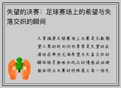 失望的决赛：足球赛场上的希望与失落交织的瞬间