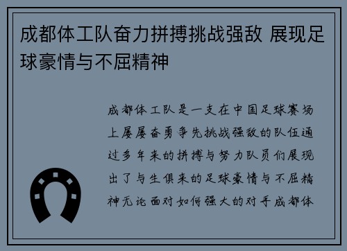 成都体工队奋力拼搏挑战强敌 展现足球豪情与不屈精神