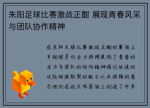 朱阳足球比赛激战正酣 展现青春风采与团队协作精神