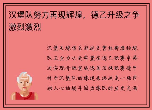 汉堡队努力再现辉煌，德乙升级之争激烈激烈