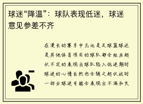 球迷“降温”：球队表现低迷，球迷意见参差不齐