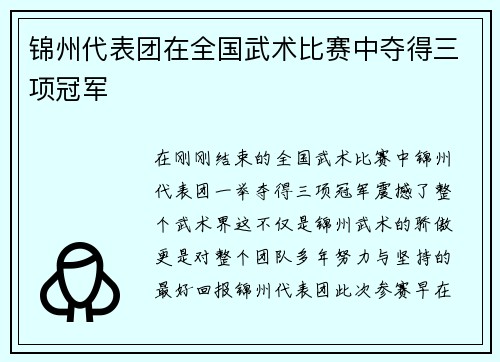 锦州代表团在全国武术比赛中夺得三项冠军