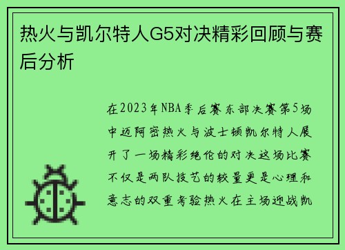 热火与凯尔特人G5对决精彩回顾与赛后分析