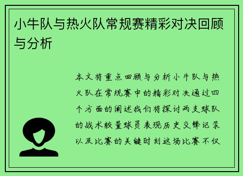 小牛队与热火队常规赛精彩对决回顾与分析