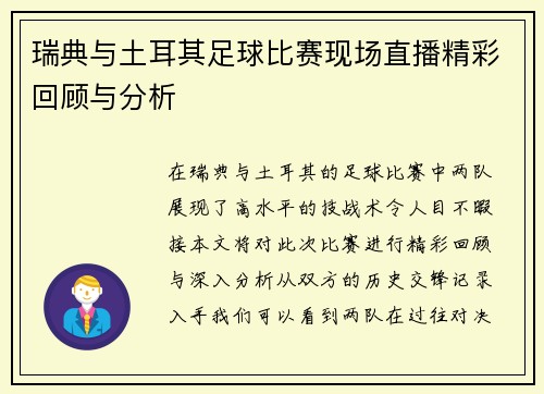 瑞典与土耳其足球比赛现场直播精彩回顾与分析