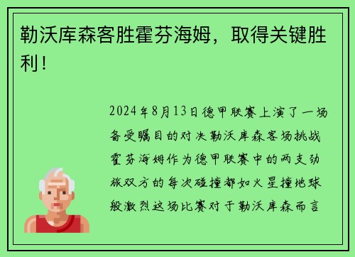 勒沃库森客胜霍芬海姆，取得关键胜利！
