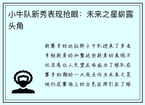 小牛队新秀表现抢眼：未来之星崭露头角