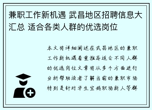 兼职工作新机遇 武昌地区招聘信息大汇总 适合各类人群的优选岗位