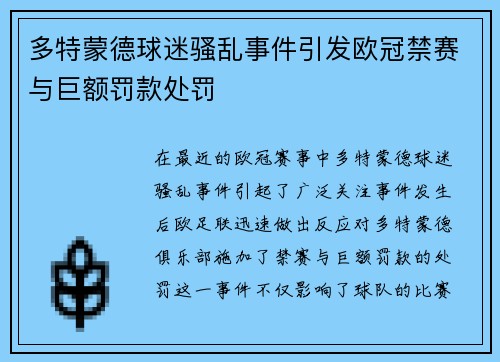 多特蒙德球迷骚乱事件引发欧冠禁赛与巨额罚款处罚