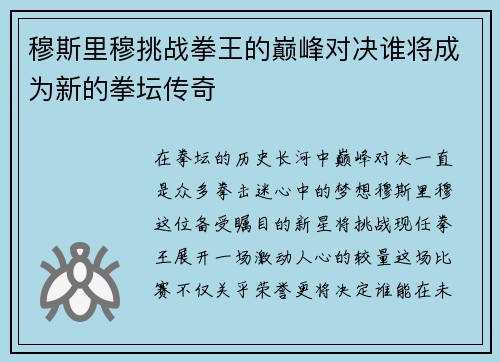 穆斯里穆挑战拳王的巅峰对决谁将成为新的拳坛传奇